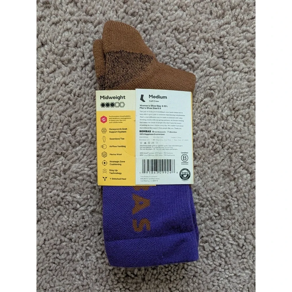 Bombas Hex Tec Performance Hiking Calf/Crew Socks Midweight Unisex Medium NWT